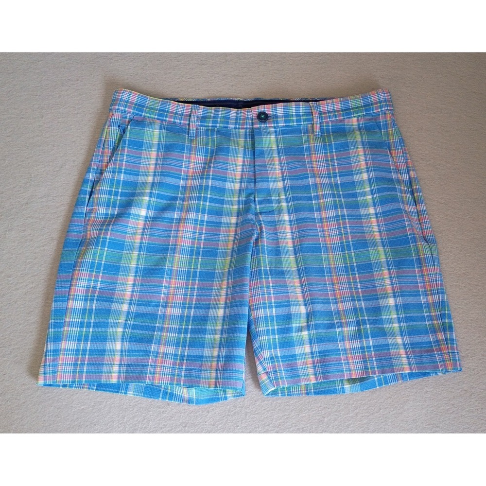Tommy Bahama Blue Pink Plaid Casual Flat Front Mens Shorts Sz 35, Golf Vacation